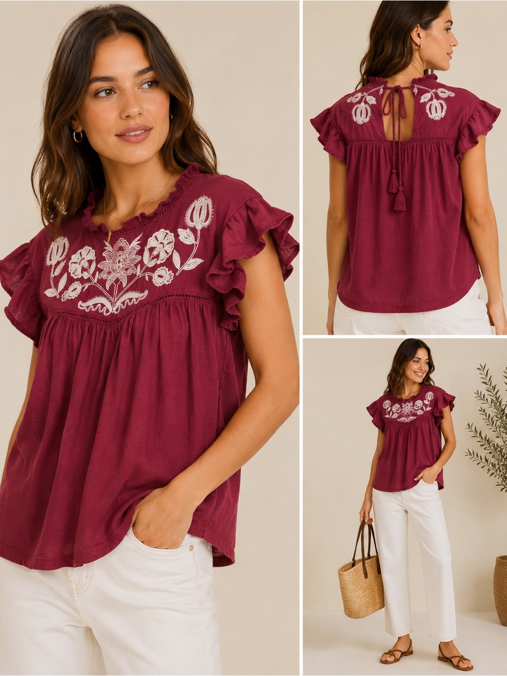Knox Rose Burgundy Floral Embroidered Ruffle Sleeve Top
